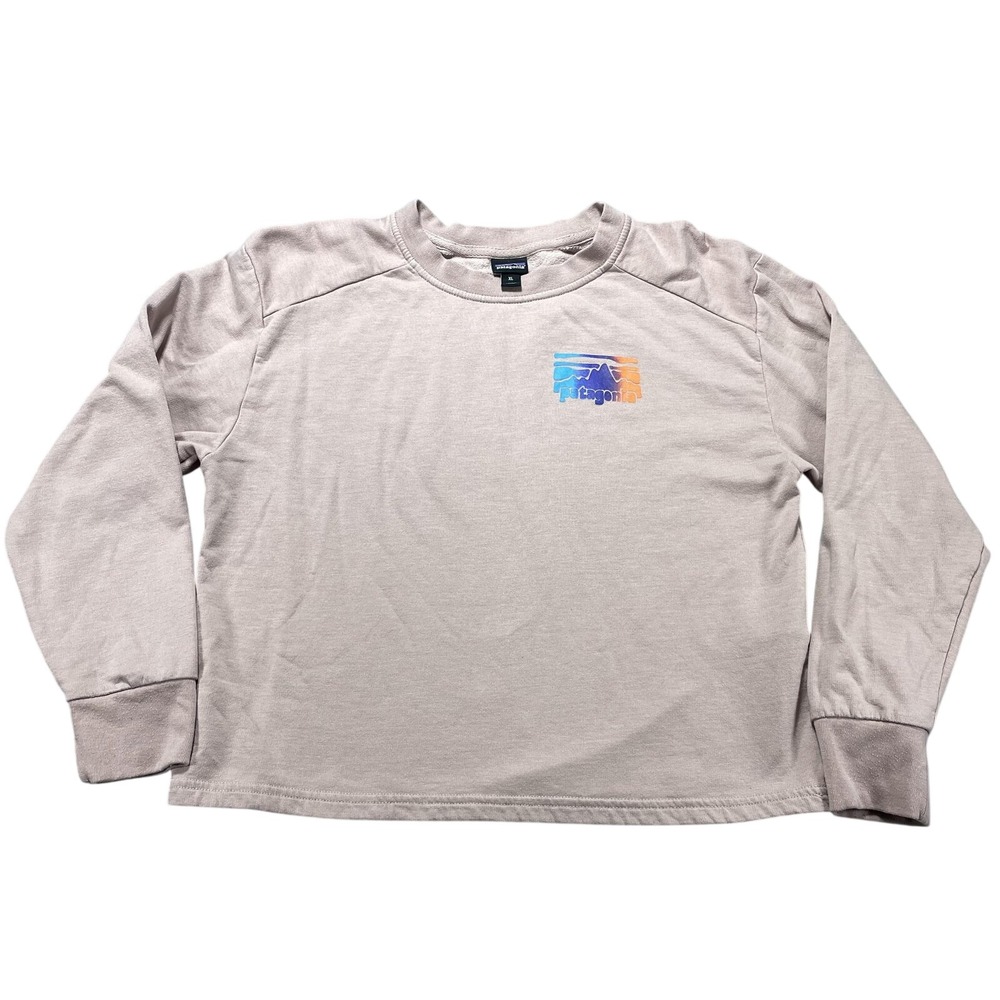 Patagonia Sweatshirt Kids XL Beige Fleece Crewneck Pullover Graphic Mountain